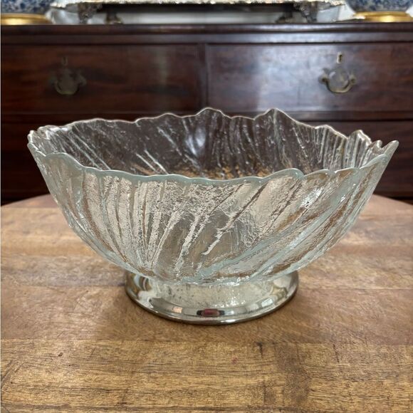 Vintage frosted glass and silverplate footed base mid century salad serving bowl - Picture 1 of 5